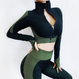 Spring Women Seamless Yoga Set Long Sleeve Zipper Yoga Shirts+ Gym Leggings Push Up Fitness Tracksuits 2Pcs Workout Wear