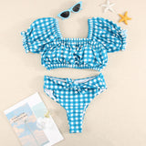 Bikini Plaid Small Fresh Short Sleeve Contrast Color Triangle Bag High Waist Split Two piece Swimsuit Women