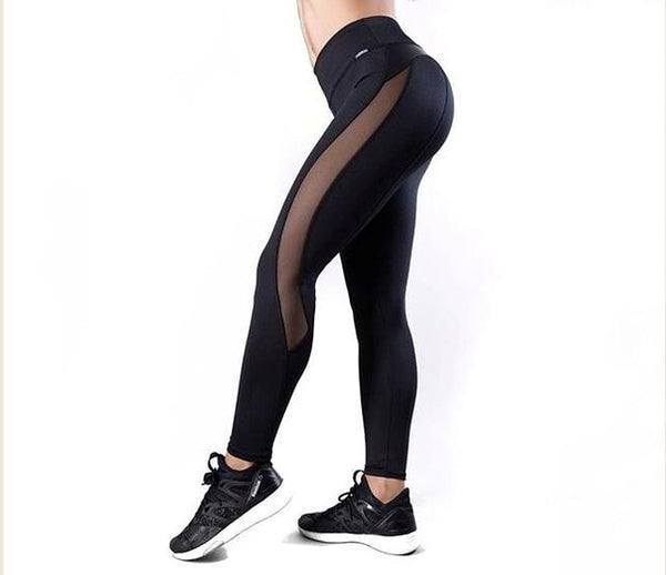 Sexy Mesh Leather Patchwork Black Leggings Women High Waist Fitness Push Up Hiking Legging Pants Jogging Femme