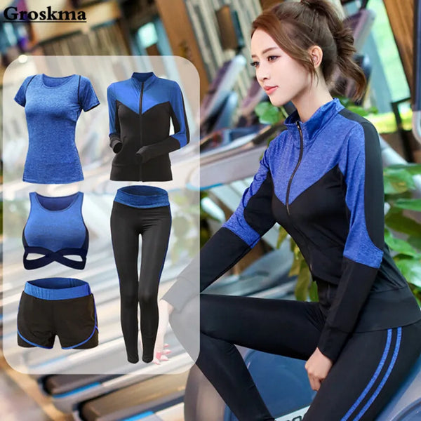 5 pieces sets coat+t shirt+bra+shorts+leggings women yoga clothing quick dry outdoor sports running fitness gym ropa deportiva