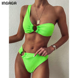 INGAGA One Shoulder Bikini Women's Swimsuit High Waist Swimwear Sexy Rings Biquini Black Ribbed Beachwear Brazilian Bikinis