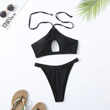 New Bikini Ins Solid Color Tube Top Sexy Hollow Split Swimsuit Halter Two-Piece Set