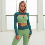 2 Pieces Seamless Yoga Set Sexy Zipper Long Sleeve High Waist Leggings Workout Clothes For Women Sportwear Gym Fitness Sport Set