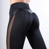 Sexy Mesh Leather Patchwork Black Leggings Women High Waist Fitness Push Up Hiking Legging Pants Jogging Femme