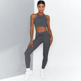 Knitting Fitness Sets Casual Workout Clothes for Women Seamless Double Shoulder Straps Bra Drawstring Push Up Leggings Yoga Suit