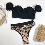 Swimwear Women Leopard Print Splice Bikini Push-Up Pad Swimwear Black Sexy Swimsuit Beachwear Bikinis Set Body Suit High Waist