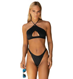 New Bikini Ins Solid Color Tube Top Sexy Hollow Split Swimsuit Halter Two-Piece Set