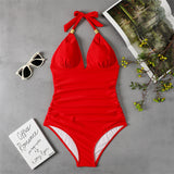 New One Piece Swimsuit Conservative Leopard Print Halter Red Backless Swimsuit