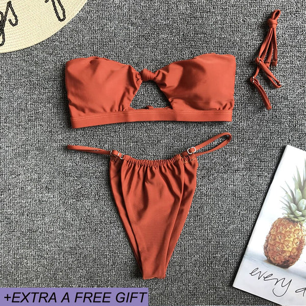 Bikini Set New Women Bandeau Swimsuit Bandage Swimwear High Cut Bathing Suit Solid Bikini Push Up Beach Wear Maillot De Bainv