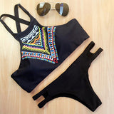 Women Bikinis High Neck Push Up Bikini Set Geometry Black Swimwear