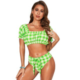 Bikini Plaid Small Fresh Short Sleeve Contrast Color Triangle Bag High Waist Split Two piece Swimsuit Women