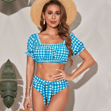 Bikini Plaid Small Fresh Short Sleeve Contrast Color Triangle Bag High Waist Split Two piece Swimsuit Women