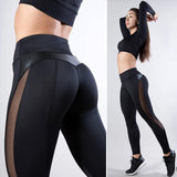 Sexy Mesh Leather Patchwork Black Leggings Women High Waist Fitness Push Up Hiking Legging Pants Jogging Femme