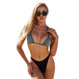 Bikini Sexy Three Point Swimsuit Silver Silk Shiny Cloth Pool Swimming Two Piece Set