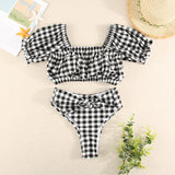 Bikini Plaid Small Fresh Short Sleeve Contrast Color Triangle Bag High Waist Split Two piece Swimsuit Women