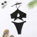 New Bikini Ins Solid Color Tube Top Sexy Hollow Split Swimsuit Halter Two-Piece Set