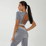 Two Piece Snake Pattern Beautiful Back Buttocks Cropped Trousers Sweat Absorbent Open Back Sports Bra Women's Yoga Suit