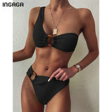 INGAGA One Shoulder Bikini Women's Swimsuit High Waist Swimwear Sexy Rings Biquini Black Ribbed Beachwear Brazilian Bikinis