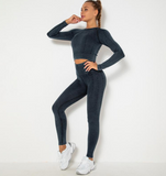 Women Sport Suit 2 Piece Fitness Tracksuit Set Gym Workout Clothes Long Sleeve Crop Top+High Waist Leggings Fitness Yoga Sets