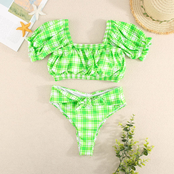 Bikini Plaid Small Fresh Short Sleeve Contrast Color Triangle Bag High Waist Split Two piece Swimsuit Women