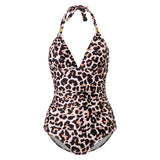 New One Piece Swimsuit Conservative Leopard Print Halter Red Backless Swimsuit