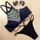 Women Bikinis High Neck Push Up Bikini Set Geometry Black Swimwear