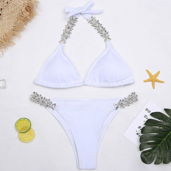 Women Crystal Bikini Set Push-Up Padded Bra Swimwear Sexy Two Pieces Bandage Swimsuit Summer Bathing Beachwear Backless Suit