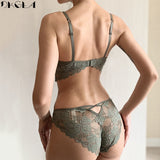 New Fashion ArmyGreen Bra Set Push Up Brassiere Cotton Thick Gather Bras Women Lingerie Sets Embroidery Lace Underwear Set Sexy