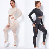 Hollow Mesh Gym Sets for Women 2 Piece High Waist Yoga Leggings +Cropped Top Seamless Yoga Sets Tracksuit Gym Clothes Suits New