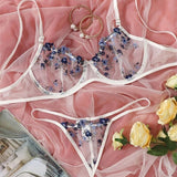 New women's lace embroidered underwear underwire gather bra and panty set thin mesh see-through sexy erotic lingerie thong set