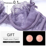 Purple Women Sexy Lingerie Transparent Bra and Panty Sets Plus Size Embroidery Push Up Lace Brassiere Female Underwear Set Black