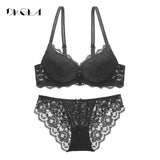 Hot Sexy Push Up Bra Set Brand Deep V Brassiere Thick Cotton Women Underwear Set Lace Blue Embroidery Flowers Lingerie B C Cup