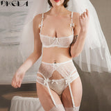 Embroidery Lingerie Set Women 1/2 Cup White Sexy Bra Set 3 Piece Bra+Panties+Garter Lace Brassiere Transparent Underwear Set