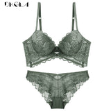 New Fashion ArmyGreen Bra Set Push Up Brassiere Cotton Thick Gather Bras Women Lingerie Sets Embroidery Lace Underwear Set Sexy