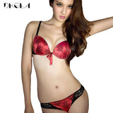 Luxury Printing Underwear Set Women Bow Fashion Red Push Up Bra Panties Sets Sexy Lingerie Embroidery Lace Bra Set Cotton Thick