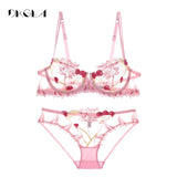 2020 Fashion Flowers Embroidery Lingerie Set Lace Blue Transparent Underwear Set Women Sexy Hollow Out See Through Bra Pink