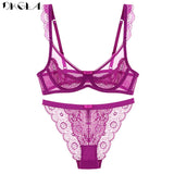 New Sexy Bra Panties Set Purple Lace Brassiere Transparent Underwear Set Ultrathin B C D Cup Women Bras Lingerie Set Embroidery