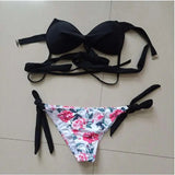 Women Patchwork Sexy bikini Low waist bathing Beachwear push up Cross Bandage Halter print Swimsuit Bikini set