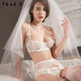 Embroidery Lingerie Set Women 1/2 Cup White Sexy Bra Set 3 Piece Bra+Panties+Garter Lace Brassiere Transparent Underwear Set