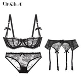 Embroidery Lingerie Set Women 1/2 Cup White Sexy Bra Set 3 Piece Bra+Panties+Garter Lace Brassiere Transparent Underwear Set