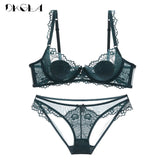 Hollow Out Bra Green Underwear Set Transparent Ultrathin Brassiere Embroidery Bras Sexy Lace Lingerie Women Bra Set Plus Size