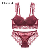 New Sexy Bra Set Push Up Deep V Brassiere Thick Cotton Brand Underwear Set Women White Lace Bra and Brief Sets 36 38 B C Cup