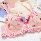 2020 Fashion Flowers Embroidery Lingerie Set Lace Blue Transparent Underwear Set Women Sexy Hollow Out See Through Bra Pink