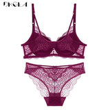 Super Gather Sexy Underwear Set Women Bras Deep V Purple Brassiere Thick Push Up Bra Panties Set Lace Embroidery Lingerie Sets