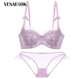 Luxury Green Bra And Panty Set Thin Cotton Brassiere Push-up Bra Set Plus Size C D Cup Lace Underwear Set Purple Sexy Lingerie