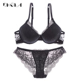 Super Gather Brassiere Thick Cotton Underwear Set Women Bras Black Sexy Bra Panties Set Lace Lingerie A B C Cup Push-Up Bra Sets