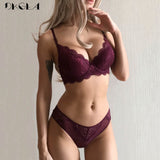 Super Gather Sexy Underwear Set Women Bras Deep V Purple Brassiere Thick Push Up Bra Panties Set Lace Embroidery Lingerie Sets