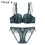 New Top Sexy Bra Panties Sets Lace Embroidery Lingerie Set Green Brassiere Deep V Push Up Bra Women Underwear Set Cotton 3/4 Cup