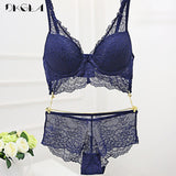 New Super Gather Blue Bras Women Lingerie Sets Embroidery Lace Sexy Underwear Set Cotton Thick Brassiere Deep V Push-Up Bra Set