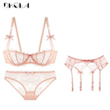 Embroidery Lingerie Set Women 1/2 Cup White Sexy Bra Set 3 Piece Bra+Panties+Garter Lace Brassiere Transparent Underwear Set